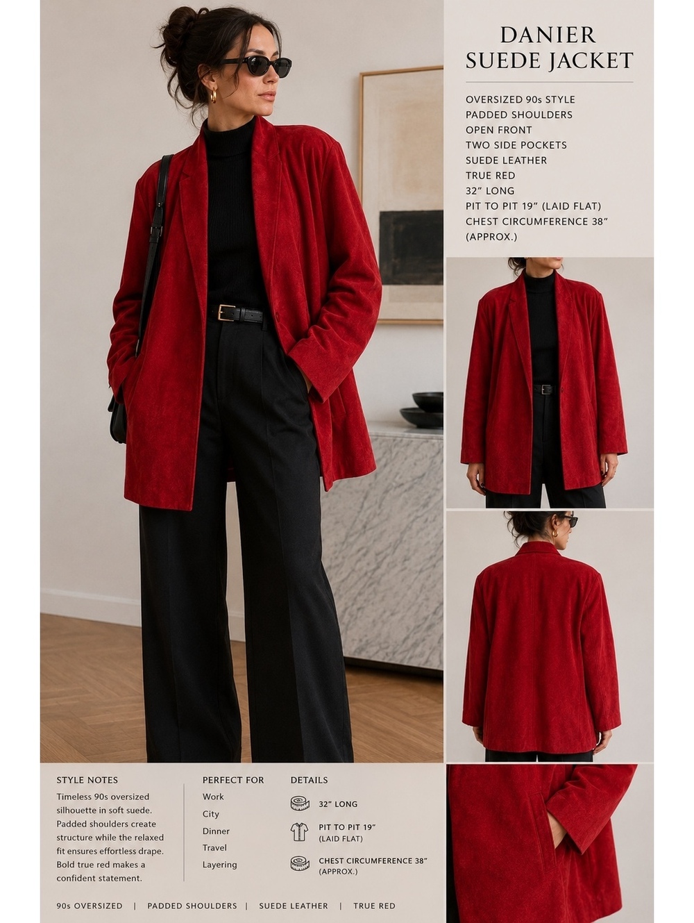 Vintage 90s Danier Red Suede Leather Longline Jacket Blazer M